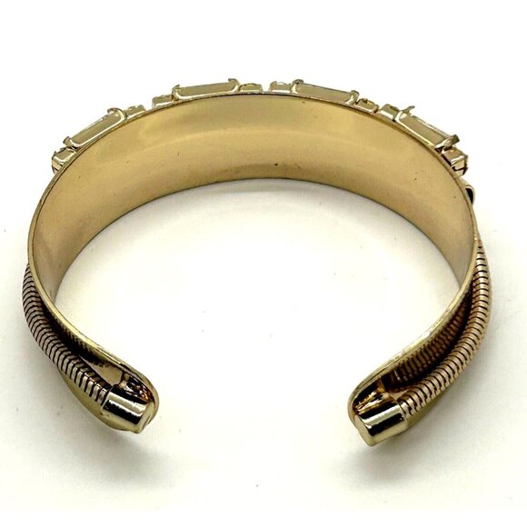 Gold-tone Cuff Bracelet Art Deco Style with Mirror Finish Crystal Baguettes - Picture 9 of 11